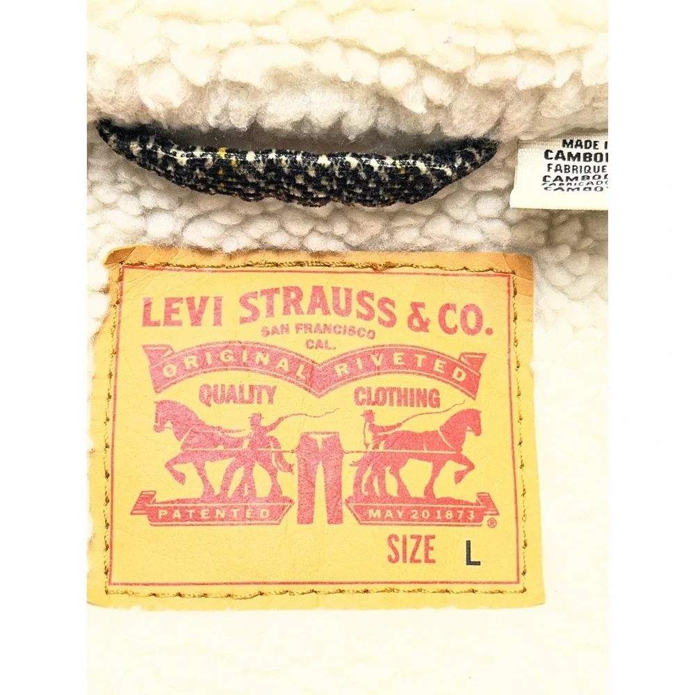 Levi's Sherpa Lined Plaid Trucker Jacket Men Large Brown Yellow Western Workwear